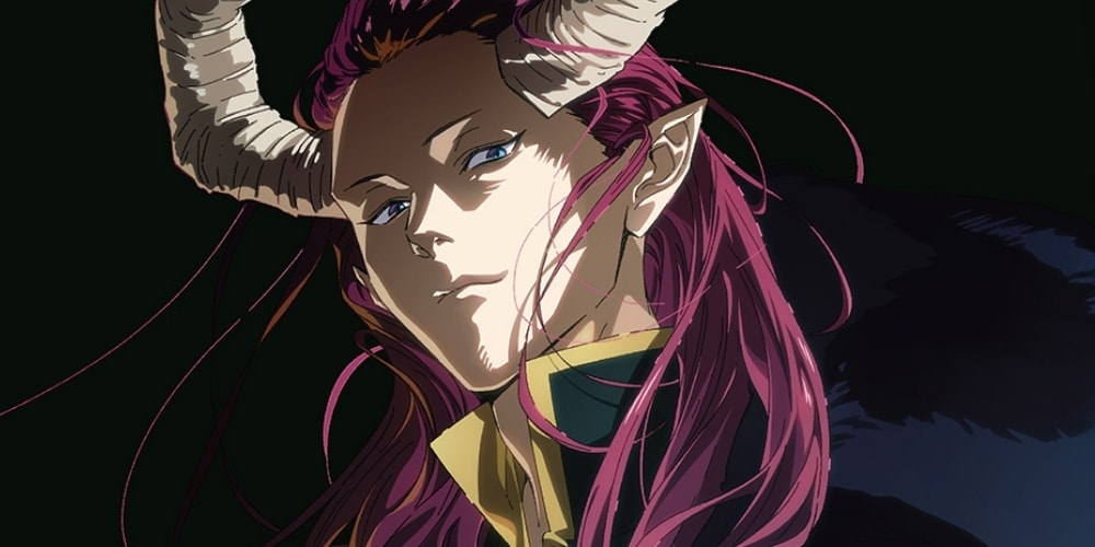 Démon aux cheveux longs et cornes, fond sombre